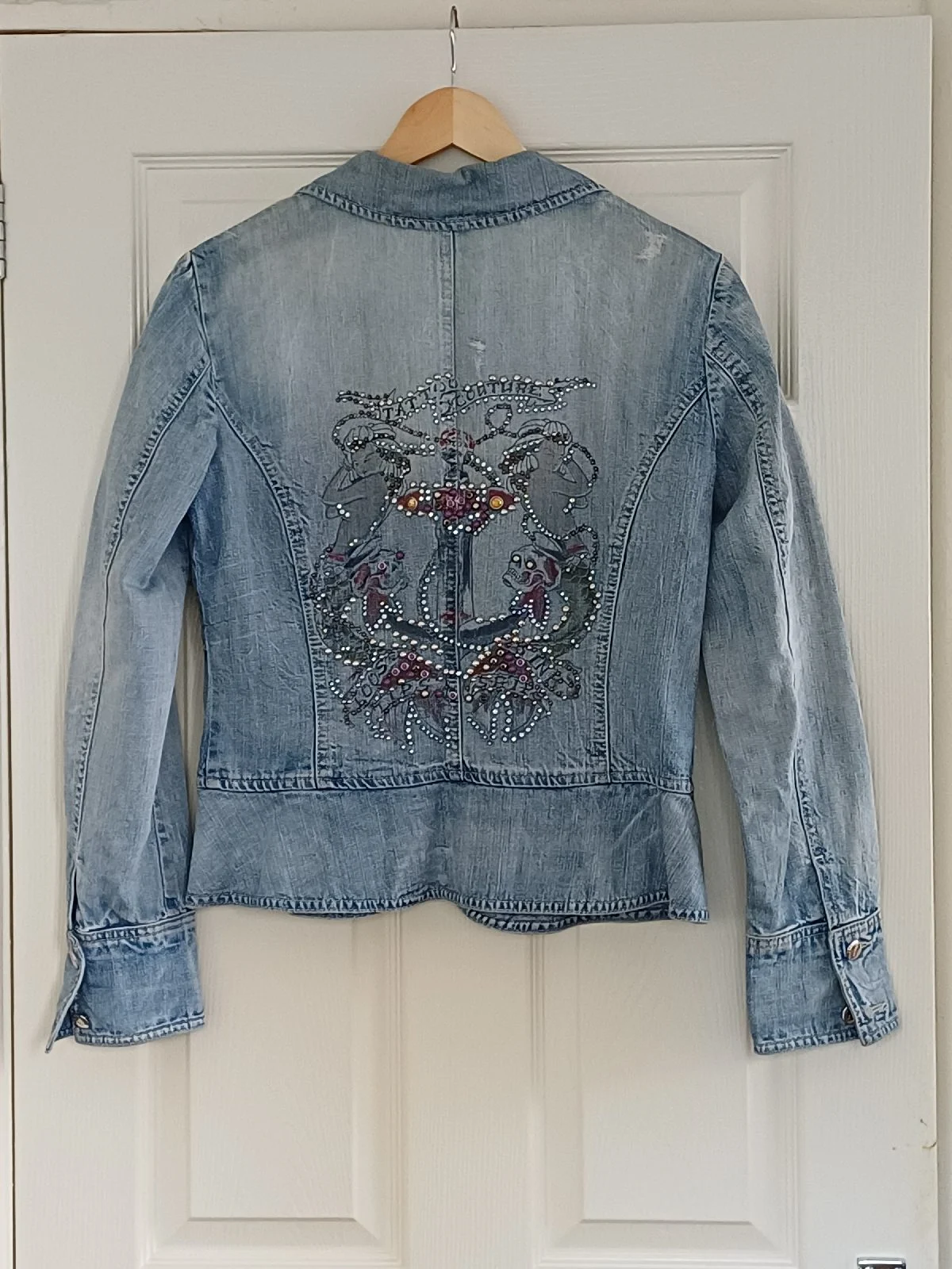 Royal Jeans Y2K Butterfly Rhinestone Denim Jacket Acid Wash Size 14