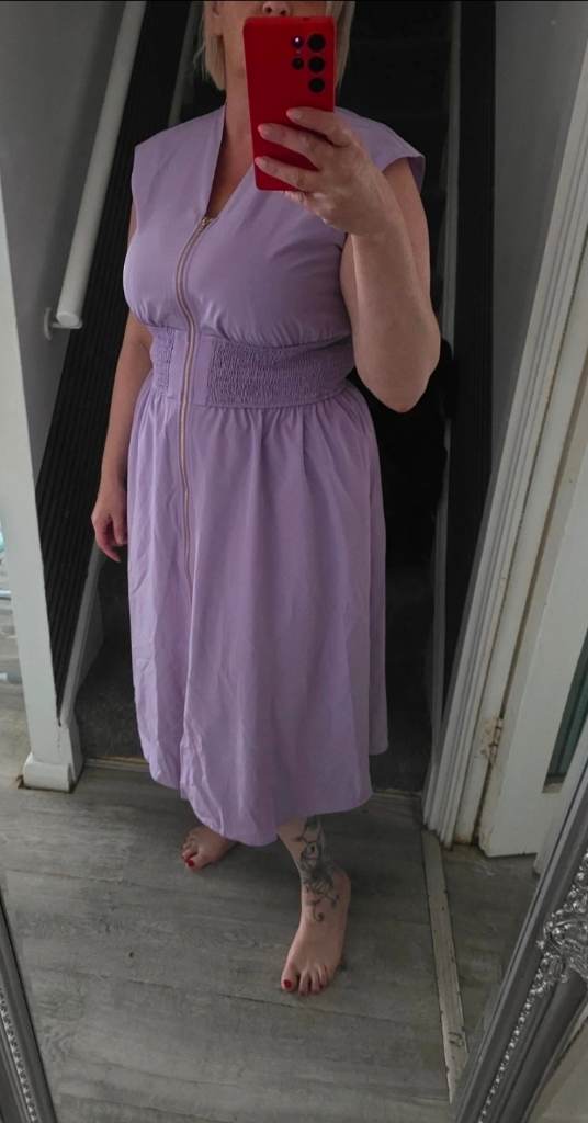 Lovely Lilac / Purple Sleeveless Midi Dress with Front Zipper & Smocked Waist size m
