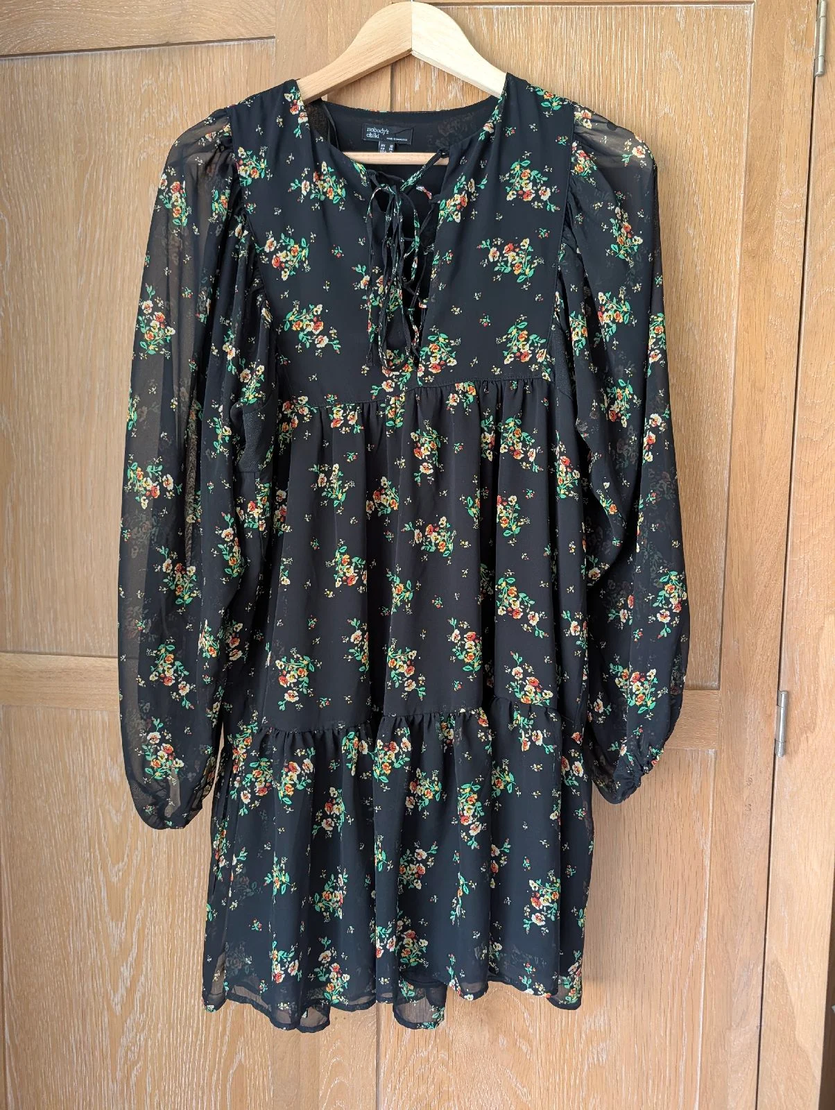 Nobody’s Child Floral Rose Mini Dress UK 10 Black Chiffon