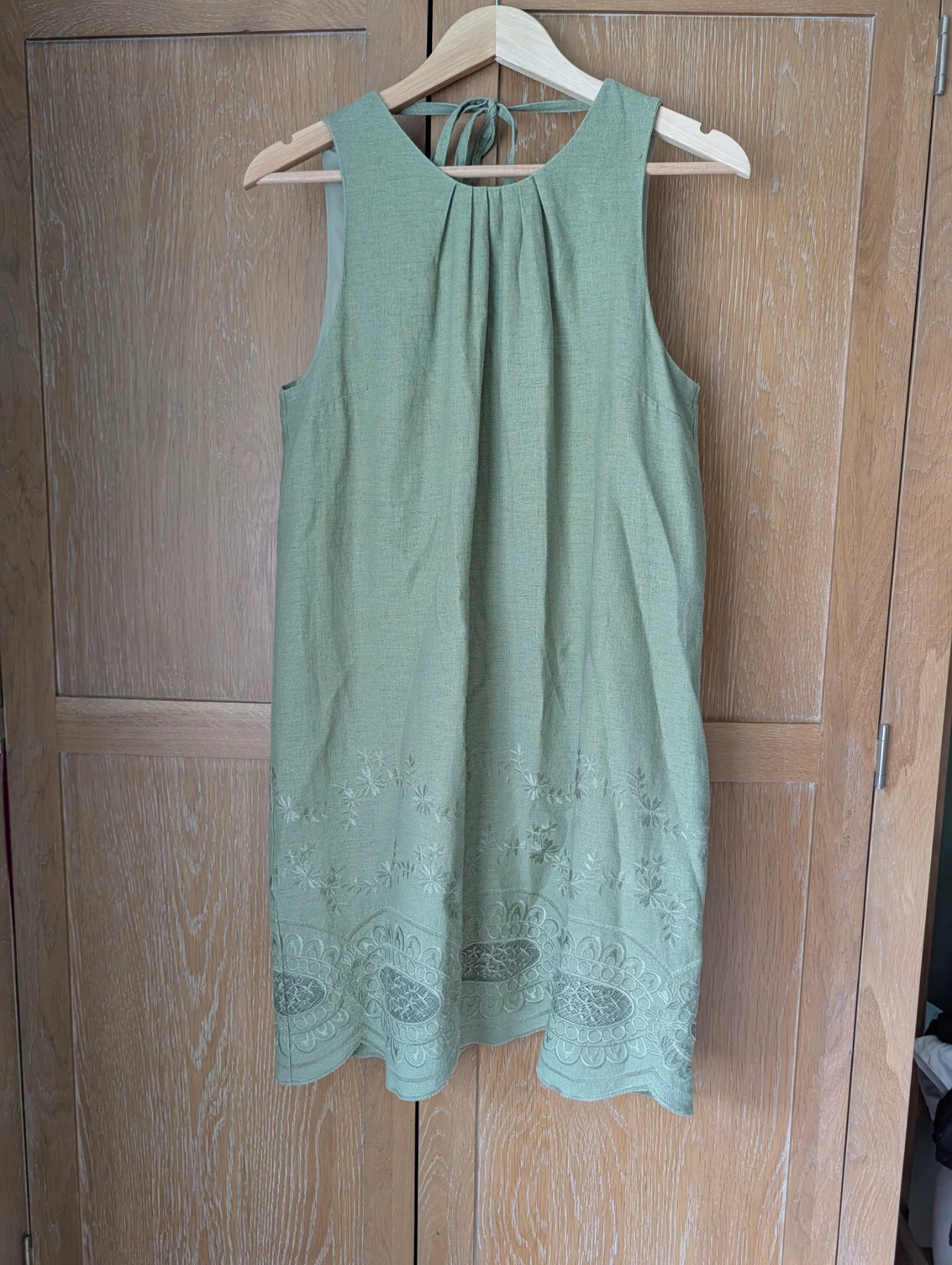 Next Sage Green Linen Blend Embroidered Shift Dress Size UK 14