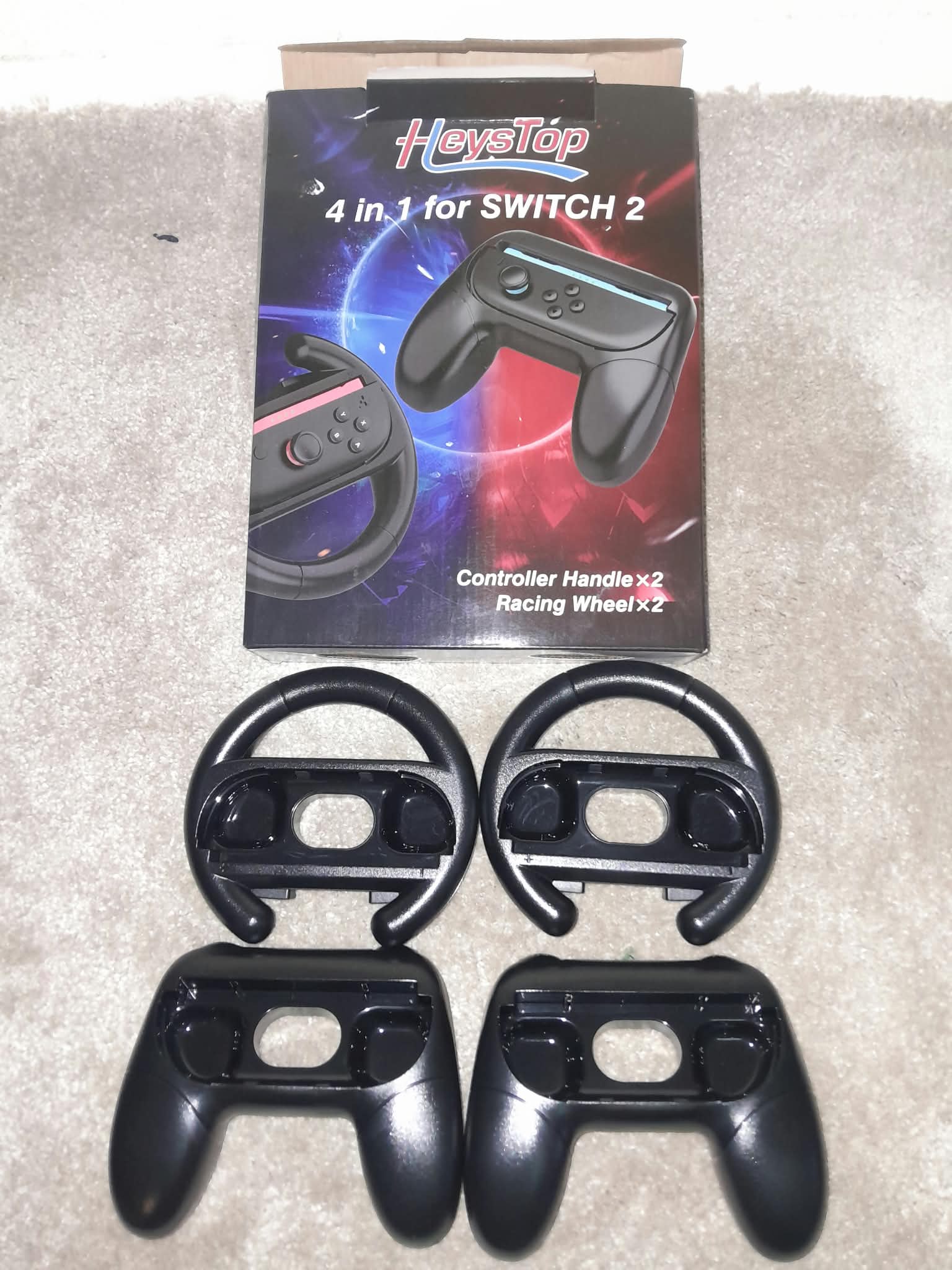 HeysTop 4-in-1 Nintendo Switch Controller Accessory Set 2 Handles 2 Wheels Black
