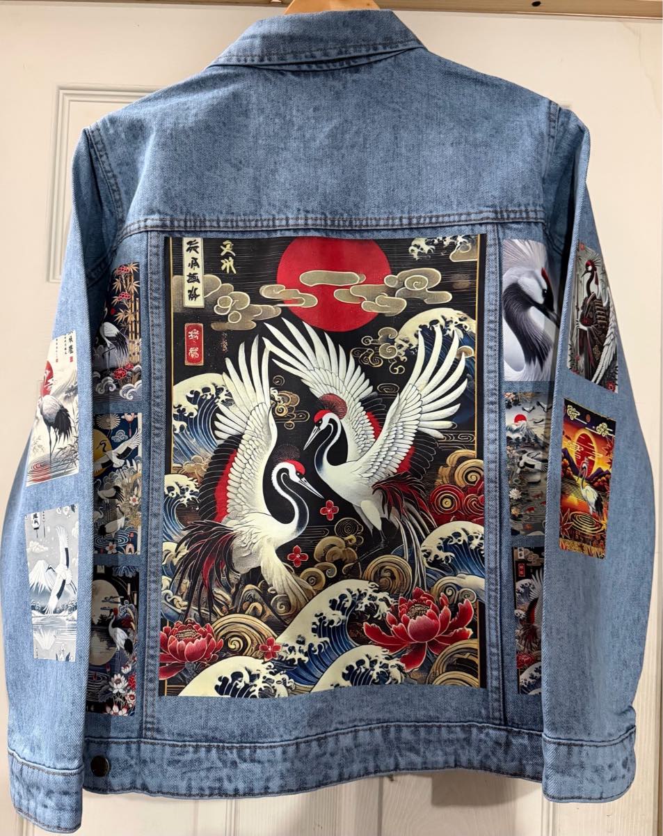 Customised unisex Japanese Bird Crane Printed Denim Jacket