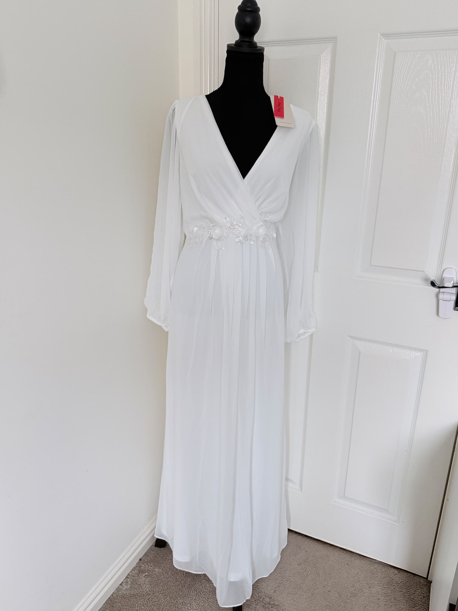 Ever-Pretty UK 18 Cream Long Sleeve A-Line Bridesmaid Dress Deep V Appliqué