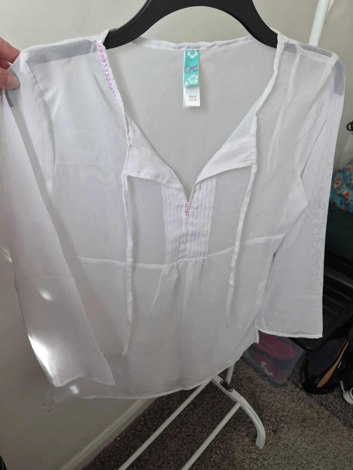White sheer long sleeve top. Size 8 by Ocean Club
