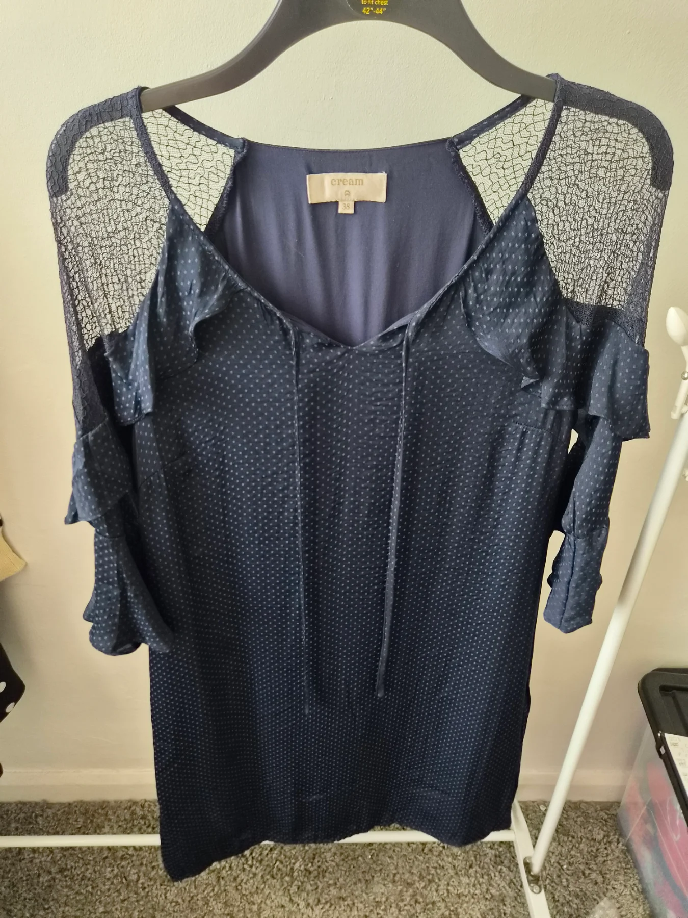 Navy spot knee length dress.  Size euro 38=UK size 12