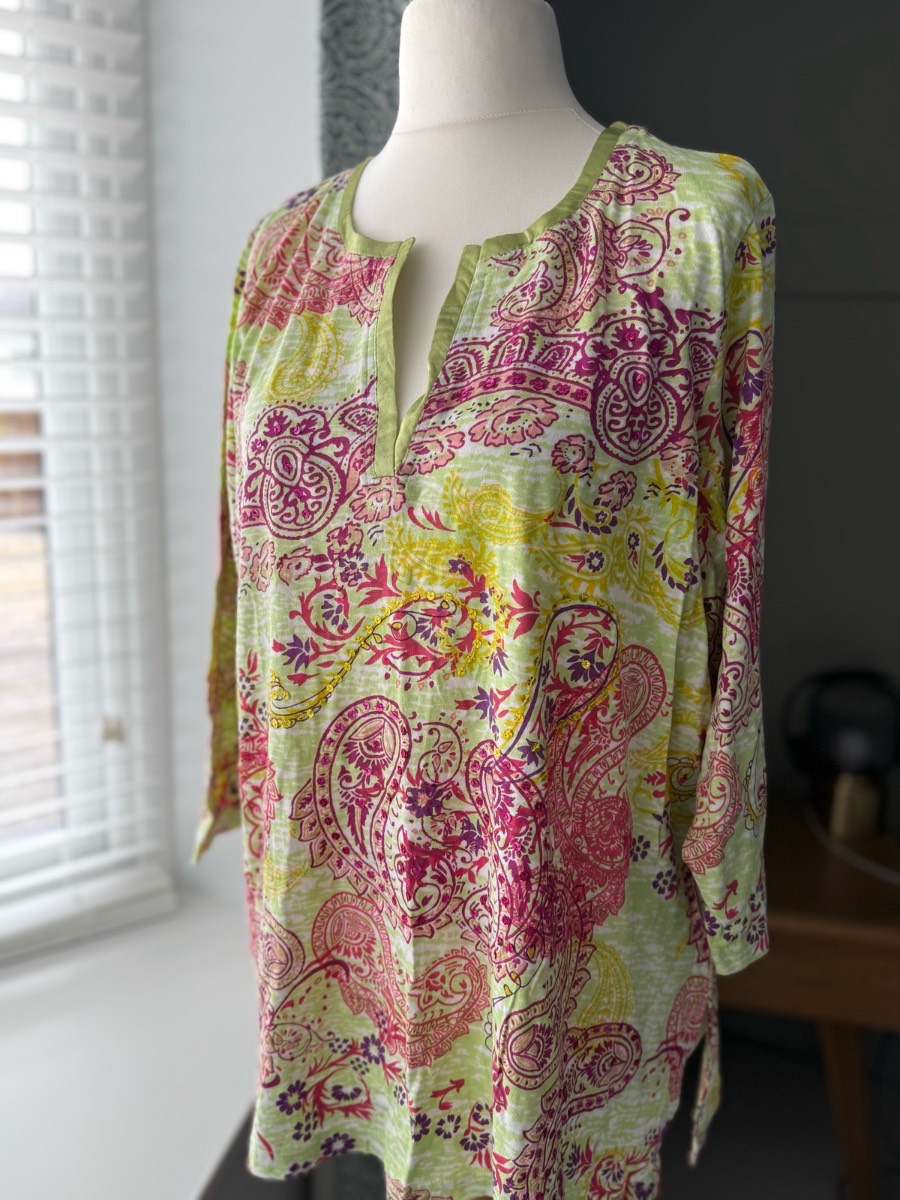 Artscape XL Paisley Boho Tunic Top Green Pink Embellished 3/4 Sleeve