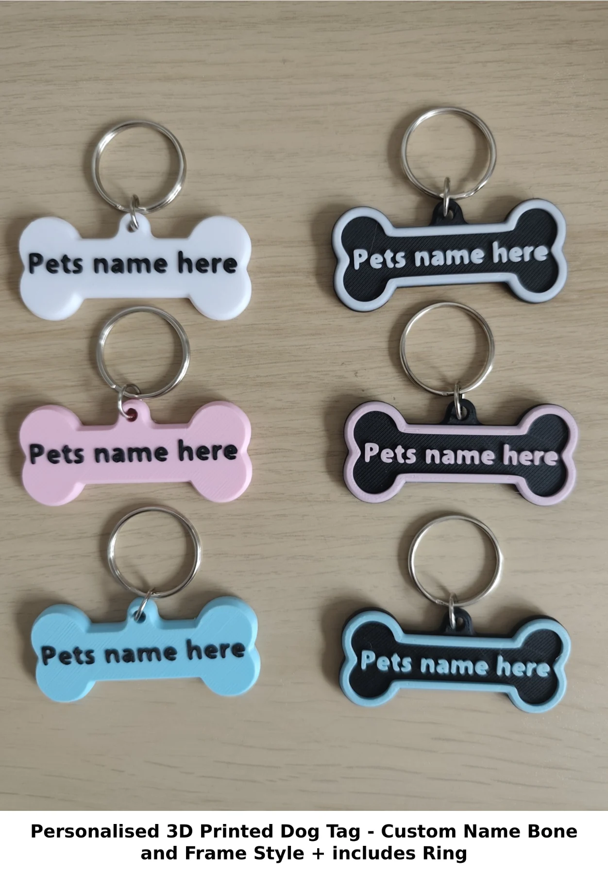 Personalised 3D Printed Dog Tag - Custom Name Bone or Frame Style + Ring