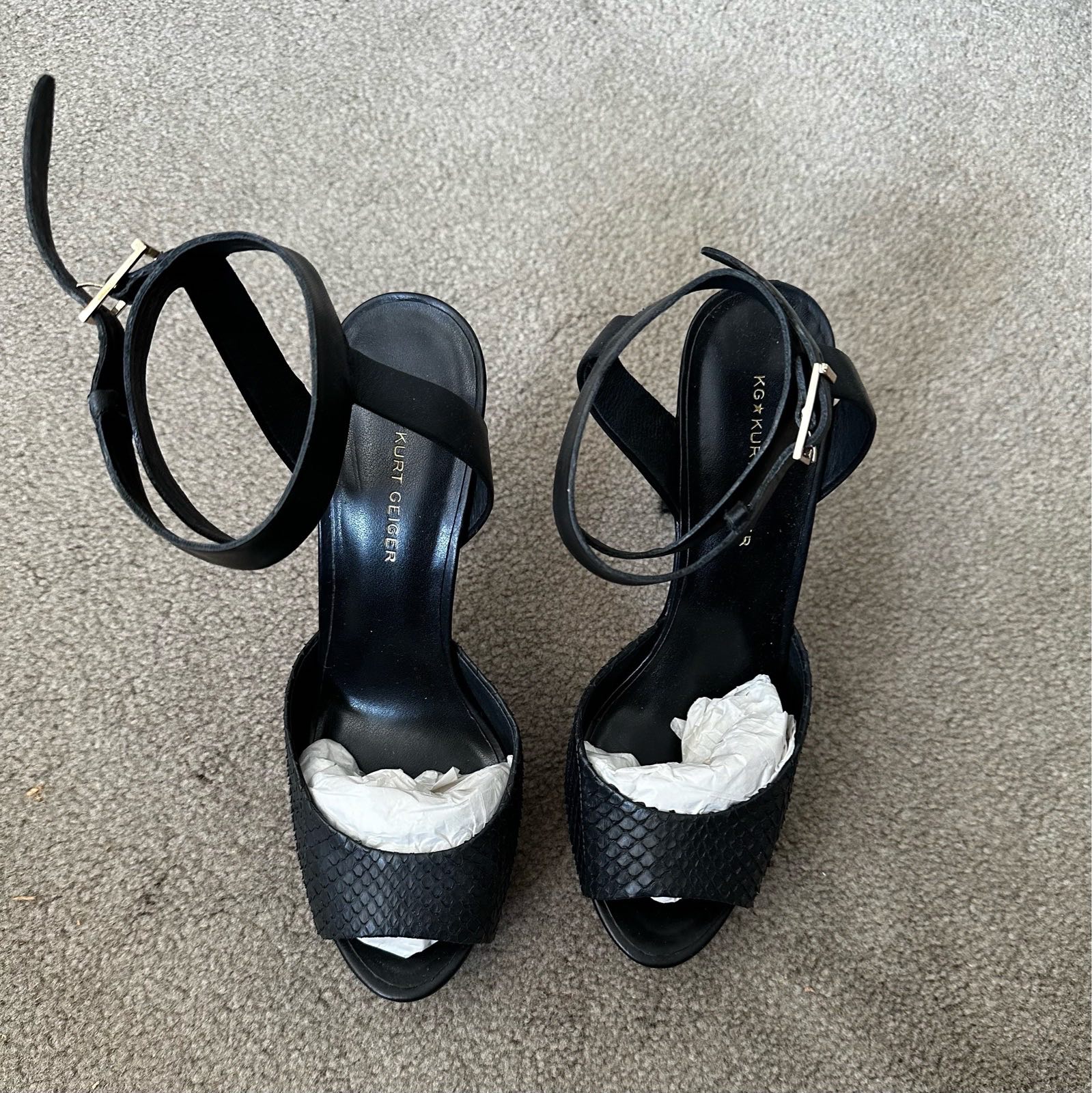 Kurt Geiger Black Platform Heels textured snake skin