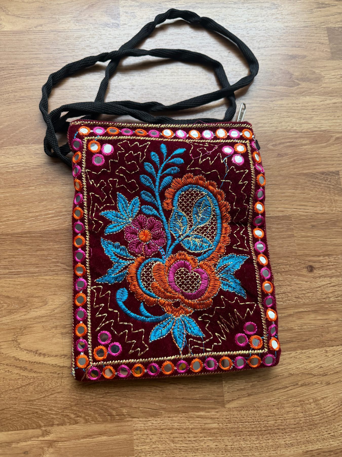 Vintage Boho Embroidered Crossbody Bag Burgundy Velvet Colourful Floral