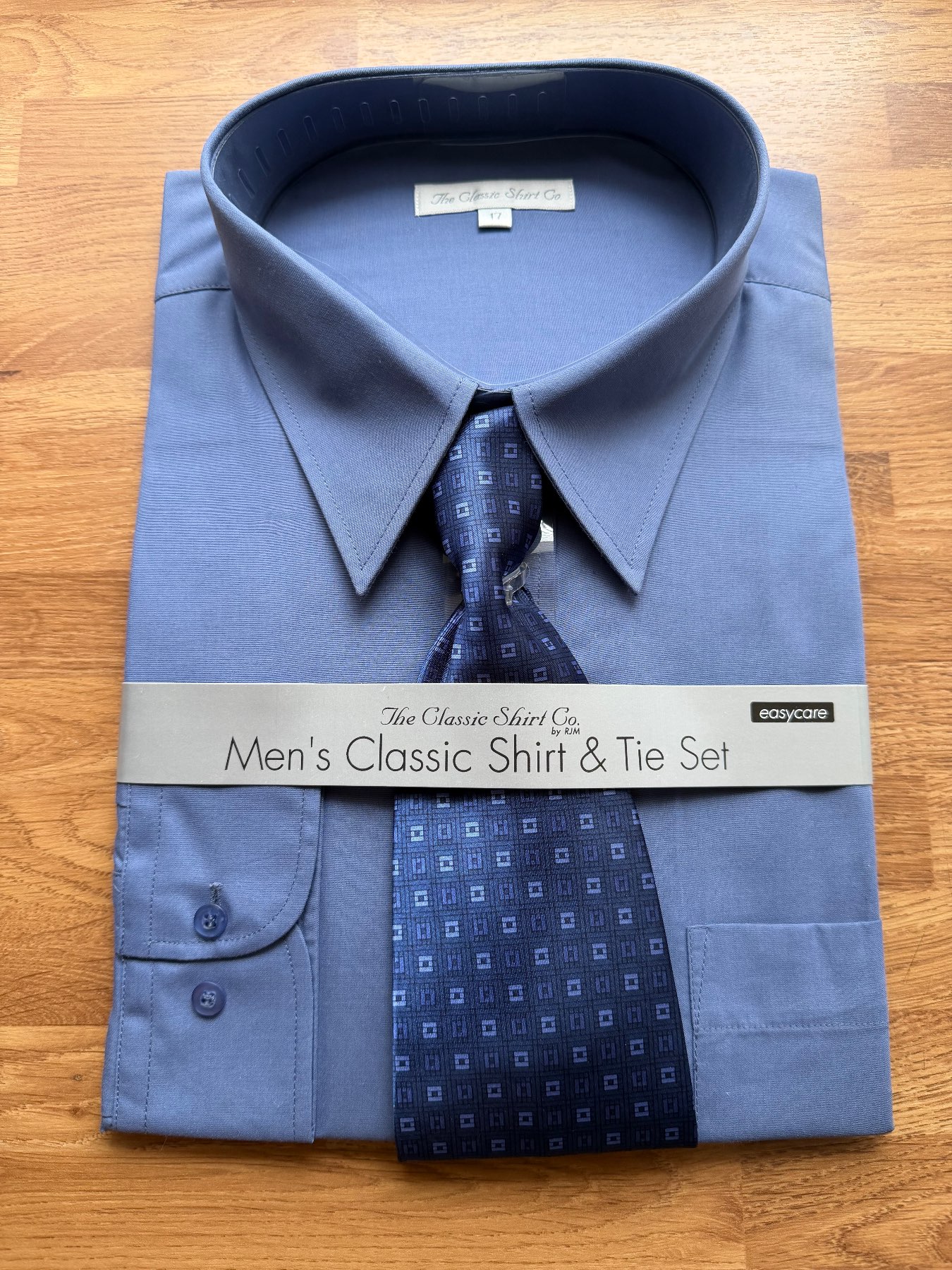 Men’s Blue Classic Shirt & Tie Set Size 17 New Formal Wedding Office