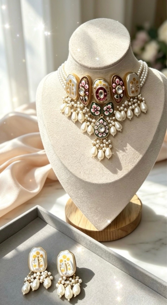 Premium Gold Plated Mother of Pearl & Monalisa Stone Kundan Tanjore Choker Set + Earrings Mint Pink