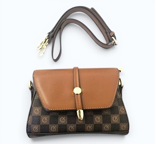 Brown Checkered Crossbody Bag Gold Detail Designer Style Handbag