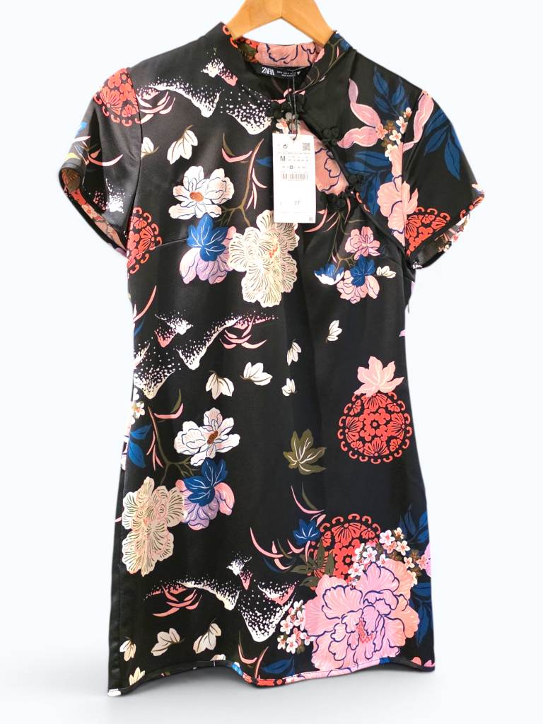 Zara Floral Oriental Style Mini Dress BNWT Black Pink Size M