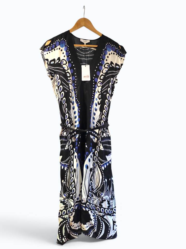 BNWT Reiss Freja Scarf Print Midi Dress Navy White UK 8 Petite RRP £248