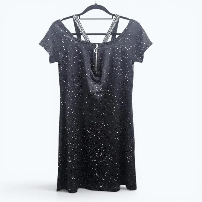 Black Glitter Mini Dress UK 8 10 Y2K Grunge Party Dress