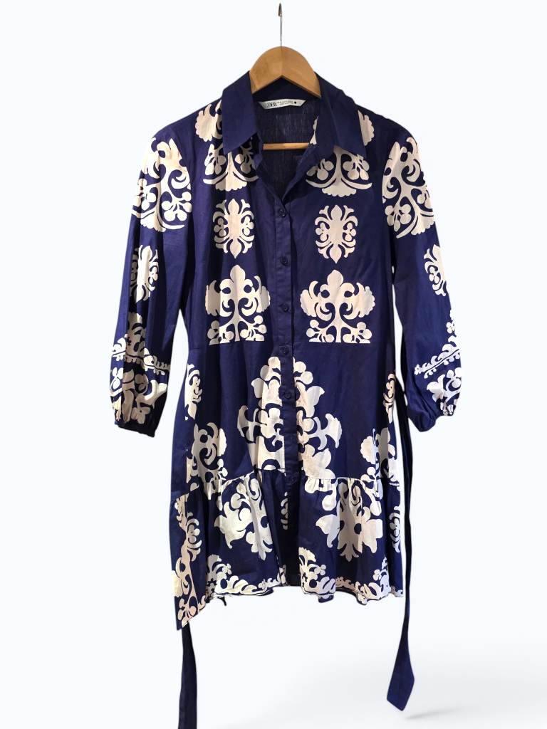 Zara Blue & White Printed Shirt Dress Size M