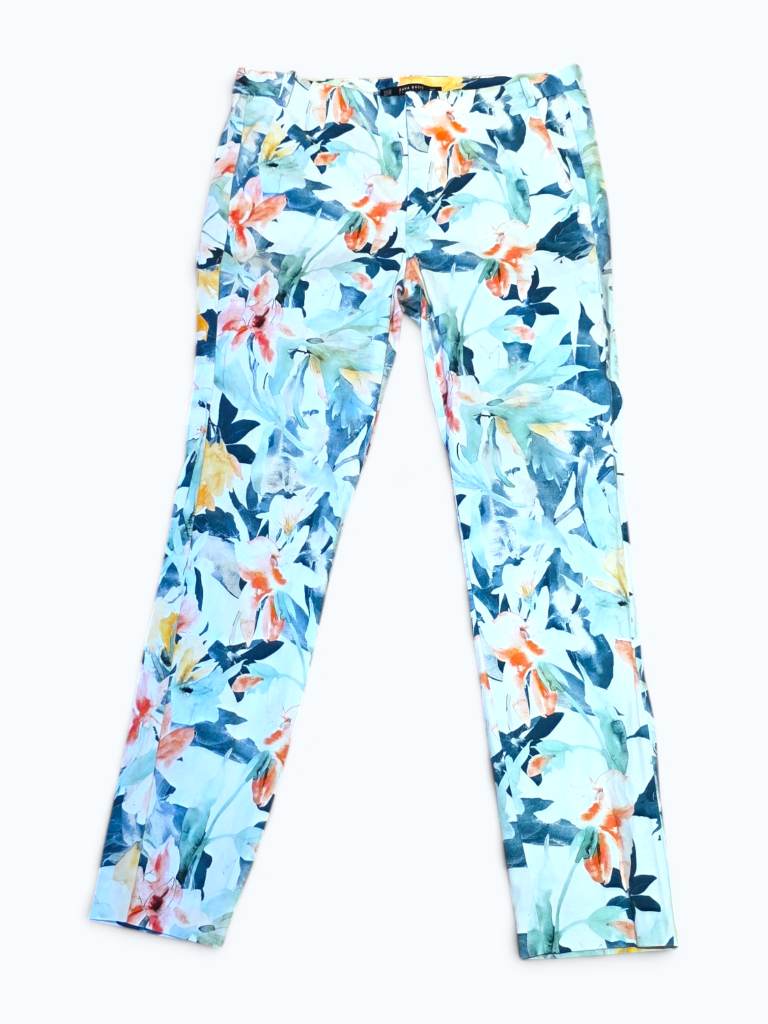 Zara Basic Floral Print Slim Leg Trousers Size M Watercolour Tropical Pants