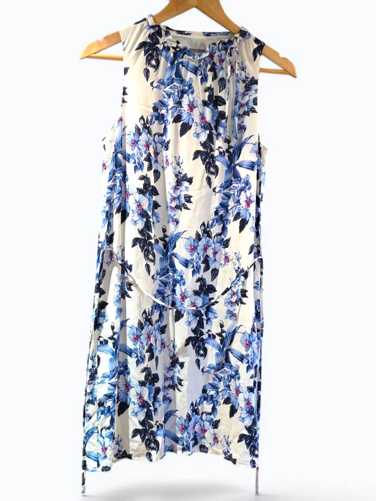 Oasis Blue Floral Sleeveless Dress UK 10 White Summer Midi Belted
