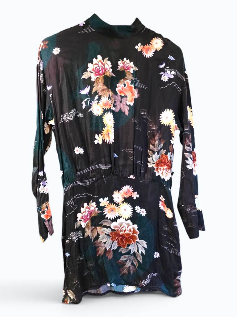 Zara Floral Satin Mini Dress Black Multicolour Long Sleeve Size M