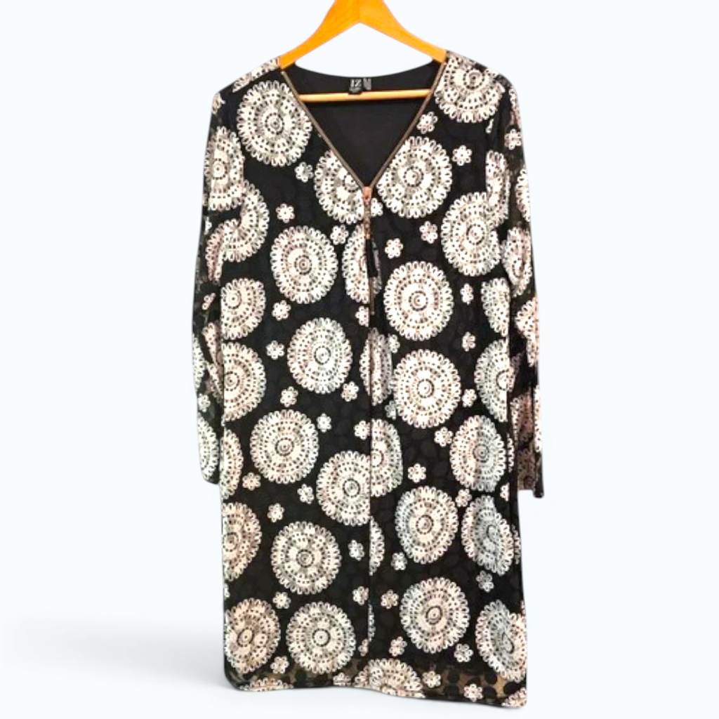 Izabel London Black & White Zip Front Tunic Dress UK 18 20 Boho Pattern