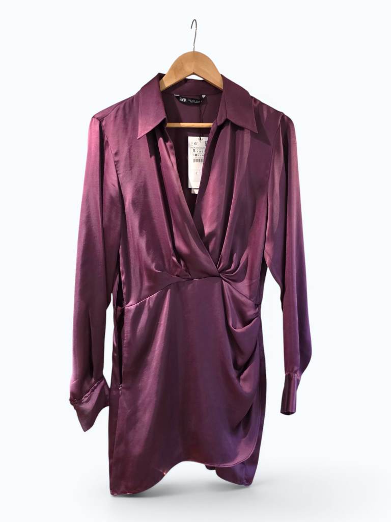 Zara Satin Twist Front Mini Dress Plum Purple Size S BNWT
