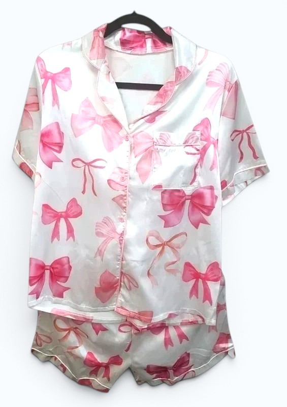 Pink Bow Satin Pyjama Set M Coquette Cute Sleepwear Set