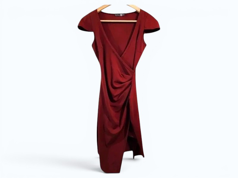 Wine Red Ruched Cocktail Dress UK 8 Elegant Party Bodycon Dress