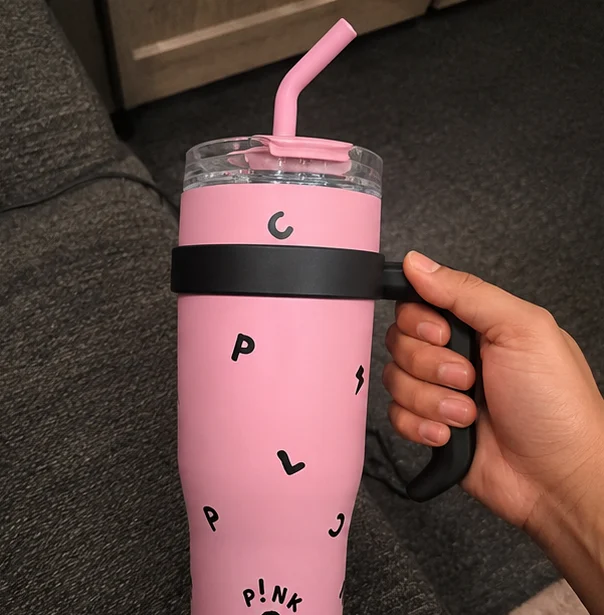 40oz Pink & Black Insulated Tumbler with Handle & Straw – Stainless Steel Travel Cup