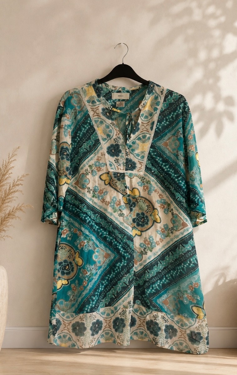 BNWOT Size 10 Linen Blend Boho Tunic Dress – Turquoise Floral Print Lightweight