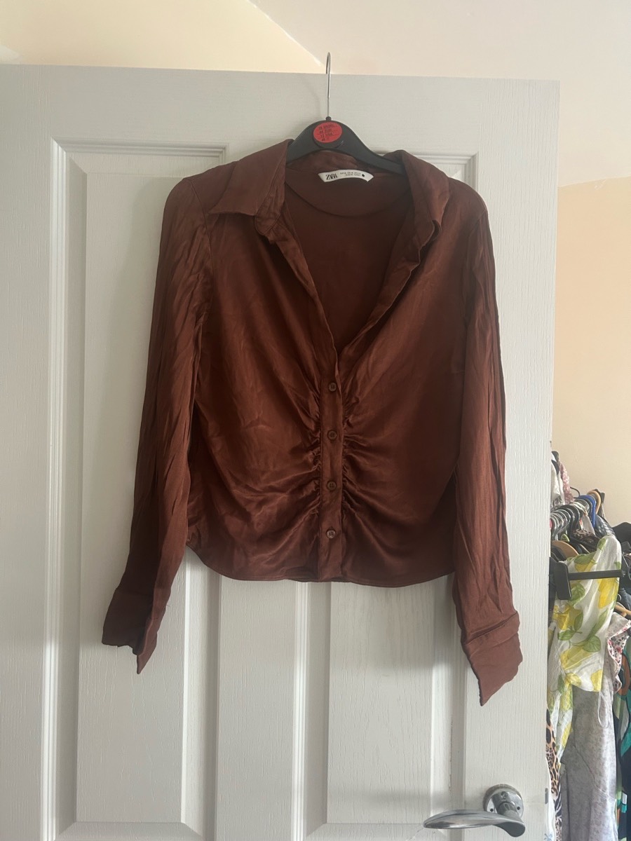Zara Brown Ruched Button-Up Satin-Effect Blouse Shirt UK 10 BNWOT