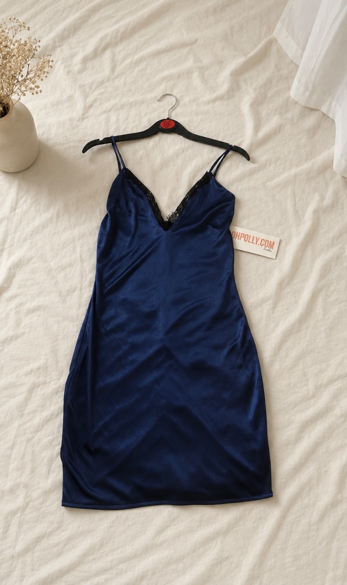 Oh Polly Navy Blue Satin Lace Trim Mini Slip Dress UK 10 BNWT
