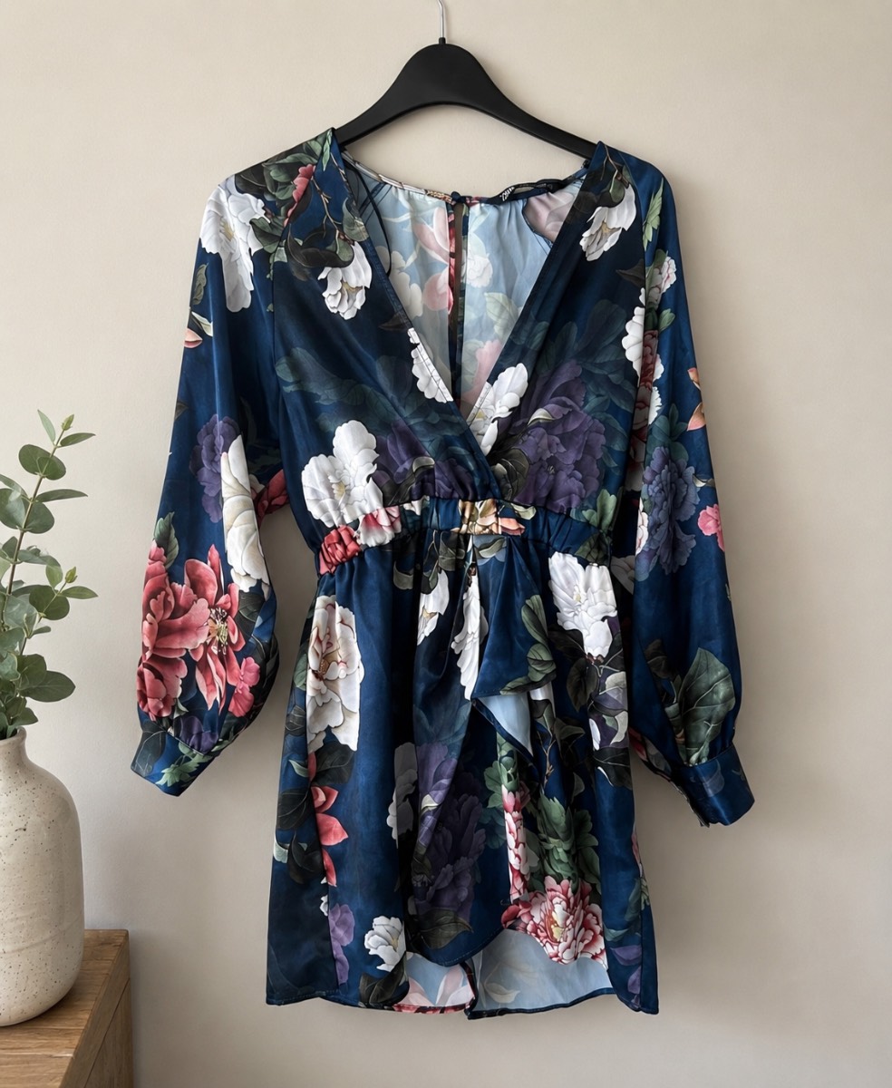 Zara Floral Satin Wrap Playsuit XS BNWOT Navy Blue Long Sleeve