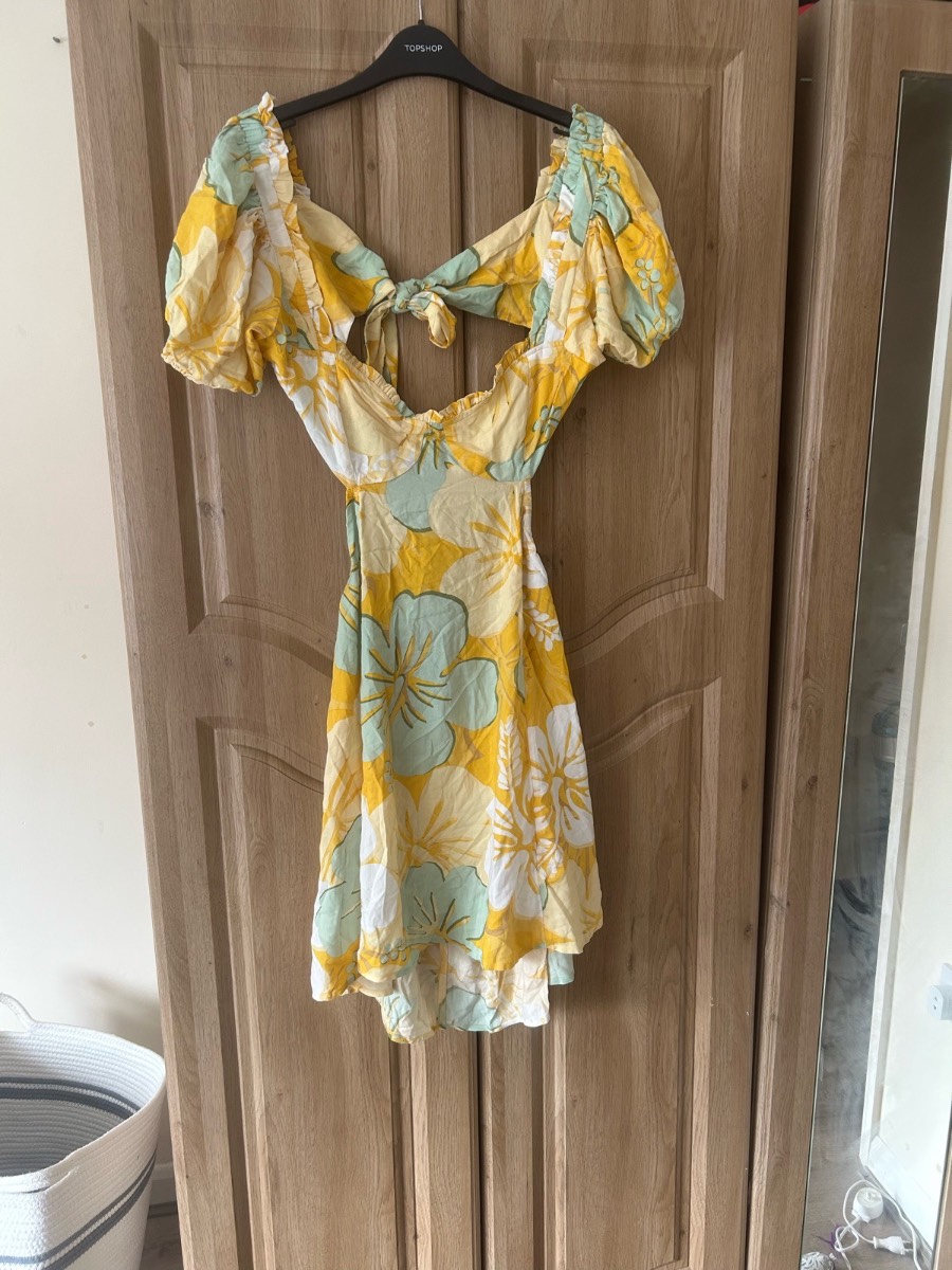 Miss Selfridge Yellow Floral Puff Sleeve Tie Back Mini Dress Size 12 BNWT Summer