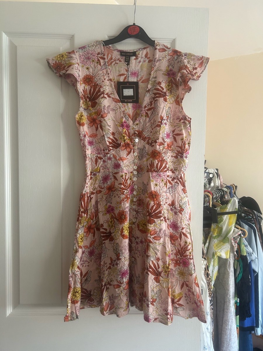 QED London Floral Tea Dress Pink Button Front Mini Dress UK 8 BNWT