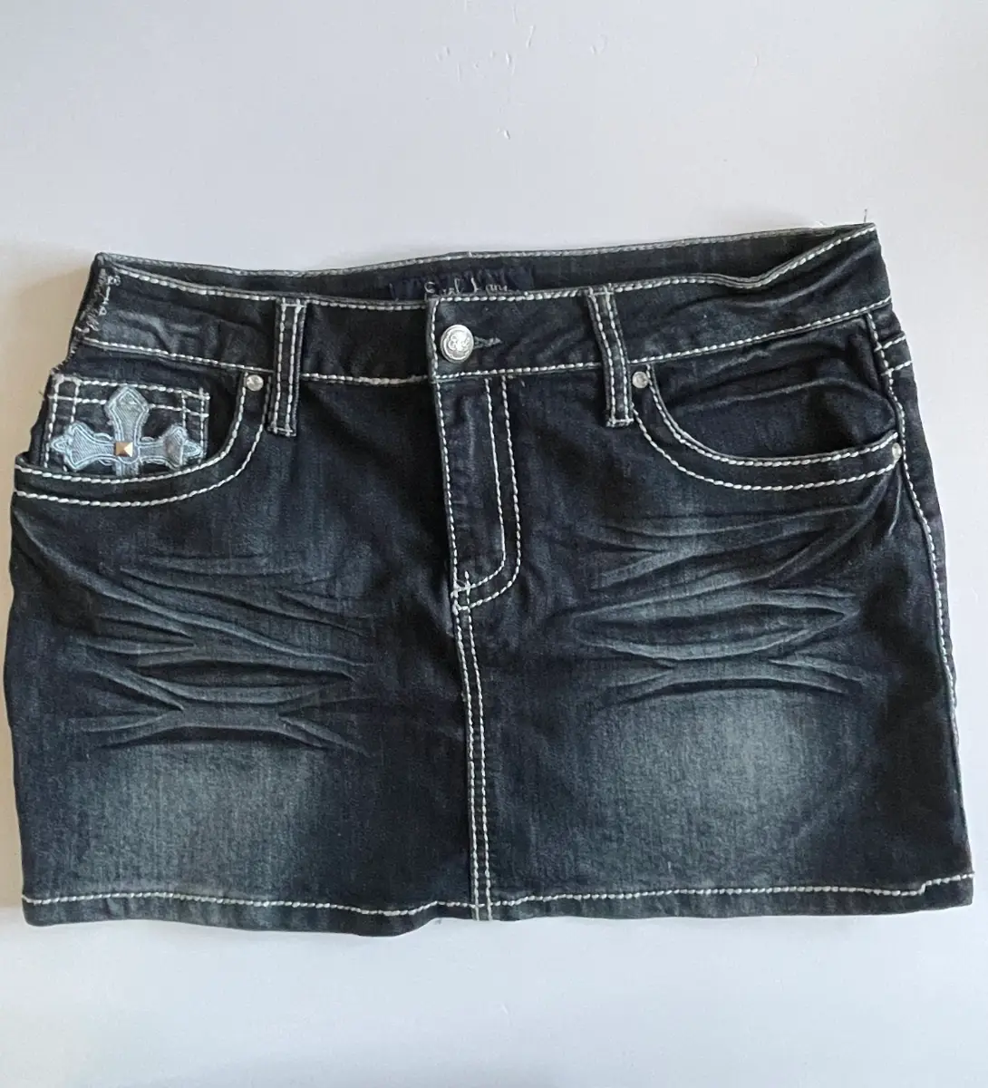 Y2K Embellished Dark Navy Denim Mini Skirt Size UK 12