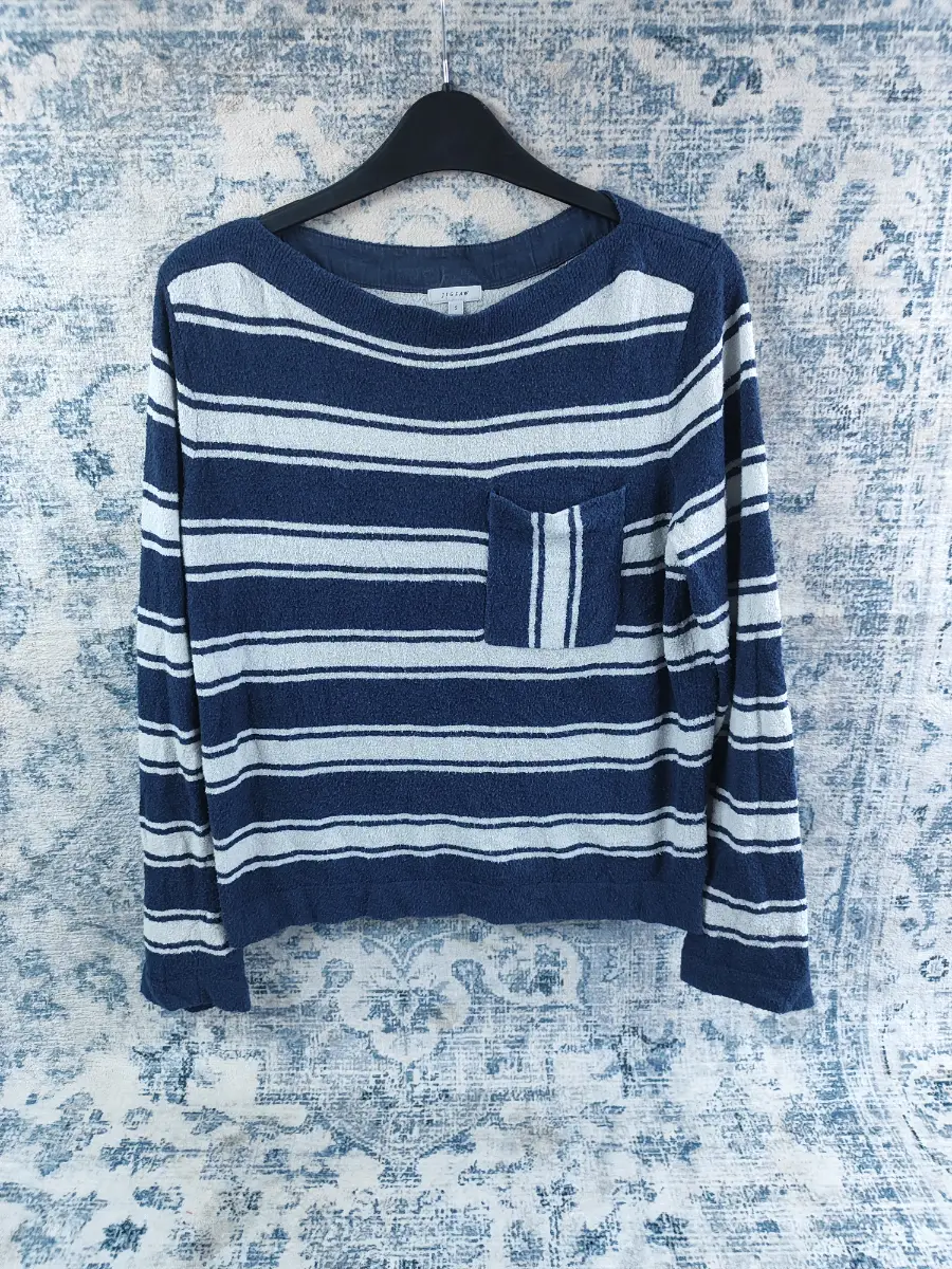 Jigsaw Navy & White Striped Bouclé Jumper - Size S
