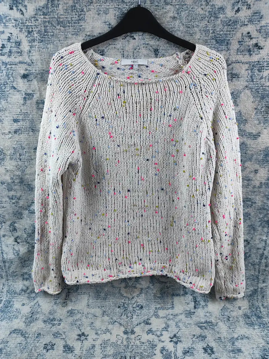 Next Cream Chunky Knit Jumper with Multi-Coloured Pom-Poms Size XS