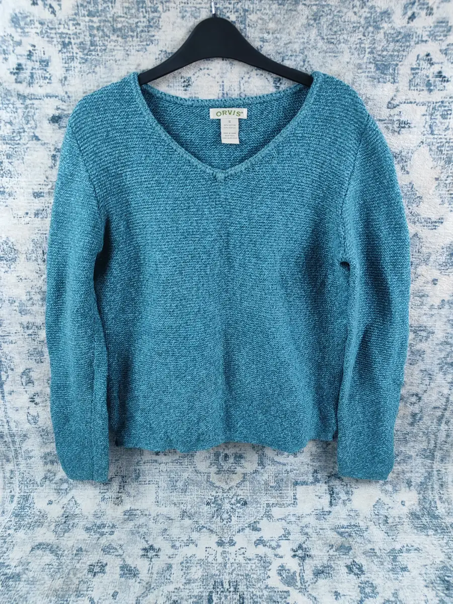 Orvis Teal Textured V-Neck Knit Sweater - Size S