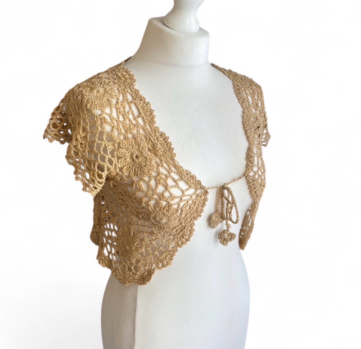 Crocheted handmade bolero, beige/brown size small