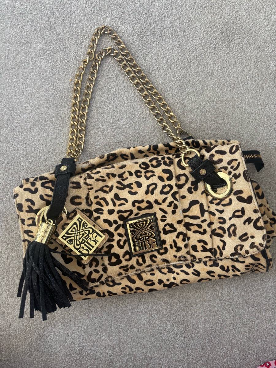 BIBA, pony hair leopard print shoulder bag with gold chain straps