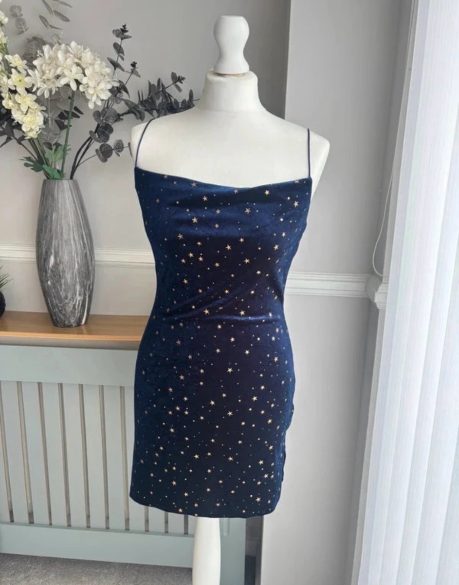 Zaful, midnight blue velour mini dress with gold print size XS