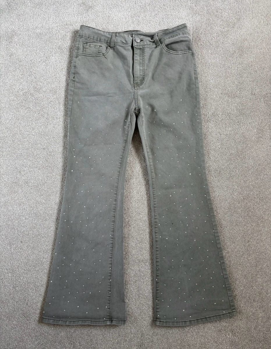 Gilipur, y2k sage green flared jeans with rhinestone detailing size uk 12