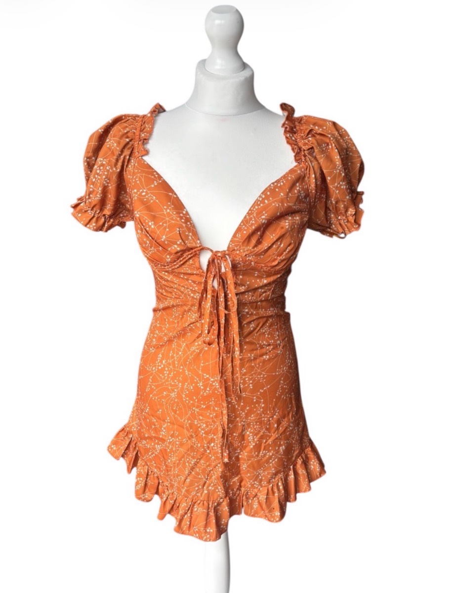Pink Boutique, Orange and white spotty mini dress with puffed sleeves size uk 8