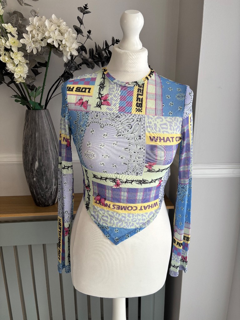 Divided H&M mesh top, y2k tattoo style print size small