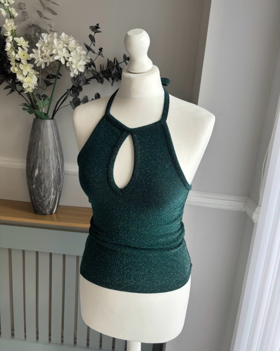 Topshop size uk 8 green sparkly y2k style halterneck top