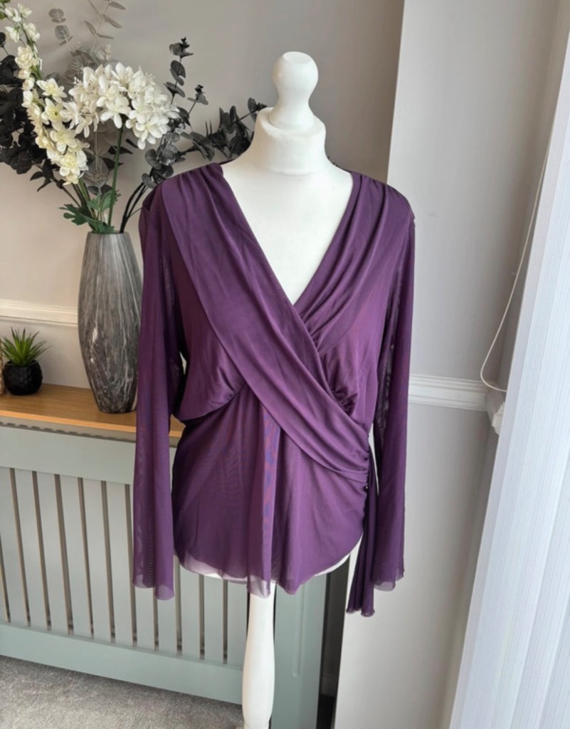 Vintage Monsoon purple mesh wrap neck blouse