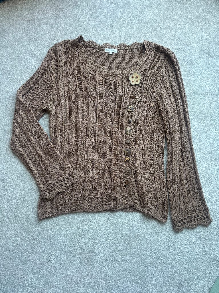 Nina Murati, vintage crocheted brown jumper with wooden buttons size S