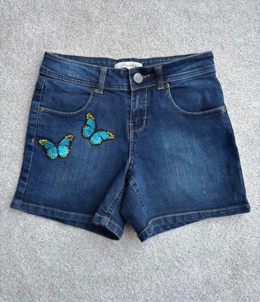 Y2K style denim shorts, butterfly embroidery. Size uk 8
