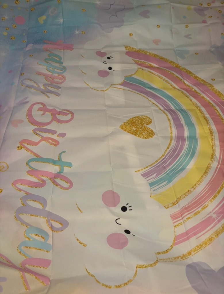 Giant happy birthday party banner photography backdrop, pink pastels rainbow. 8×6ft
