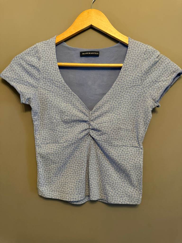 Brandy Melville Blue Floral Milkmaid Top Stretch Cotton Made In Italy